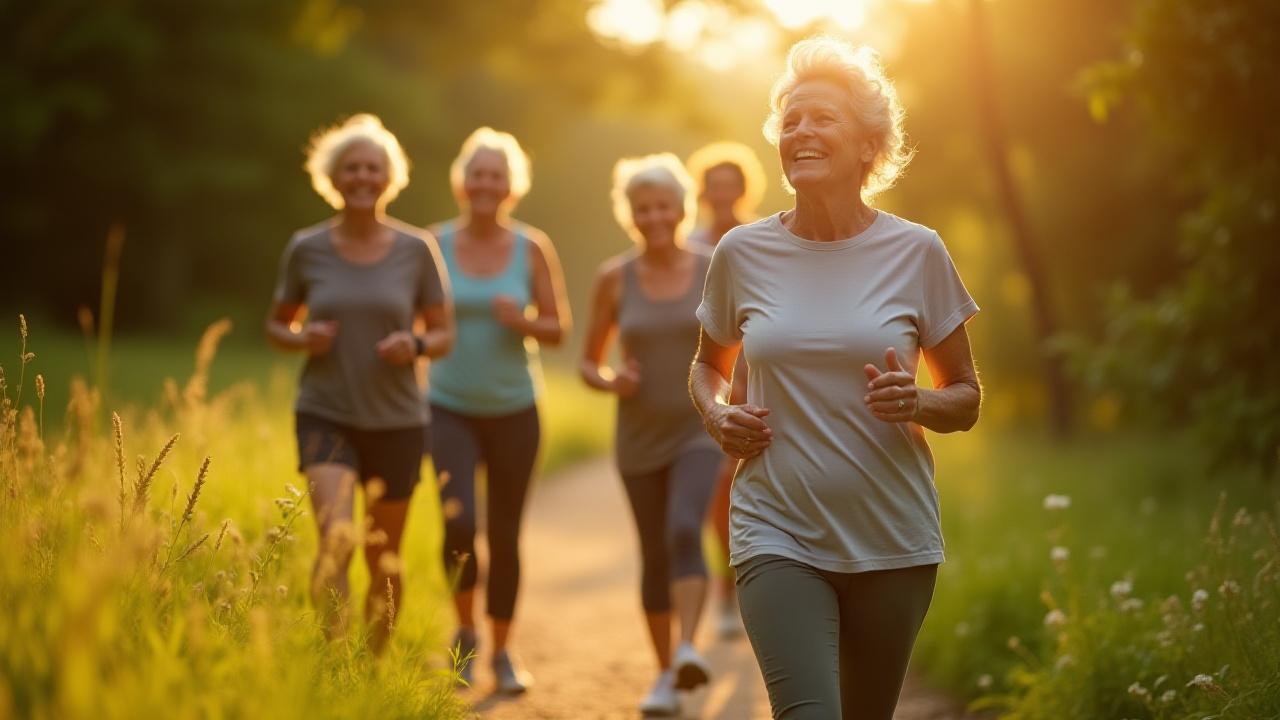 Joyful group of active adults (50s-70s) hiking a sunny trail in Austin's Barton Creek Greenbelt, smiling and laughing together