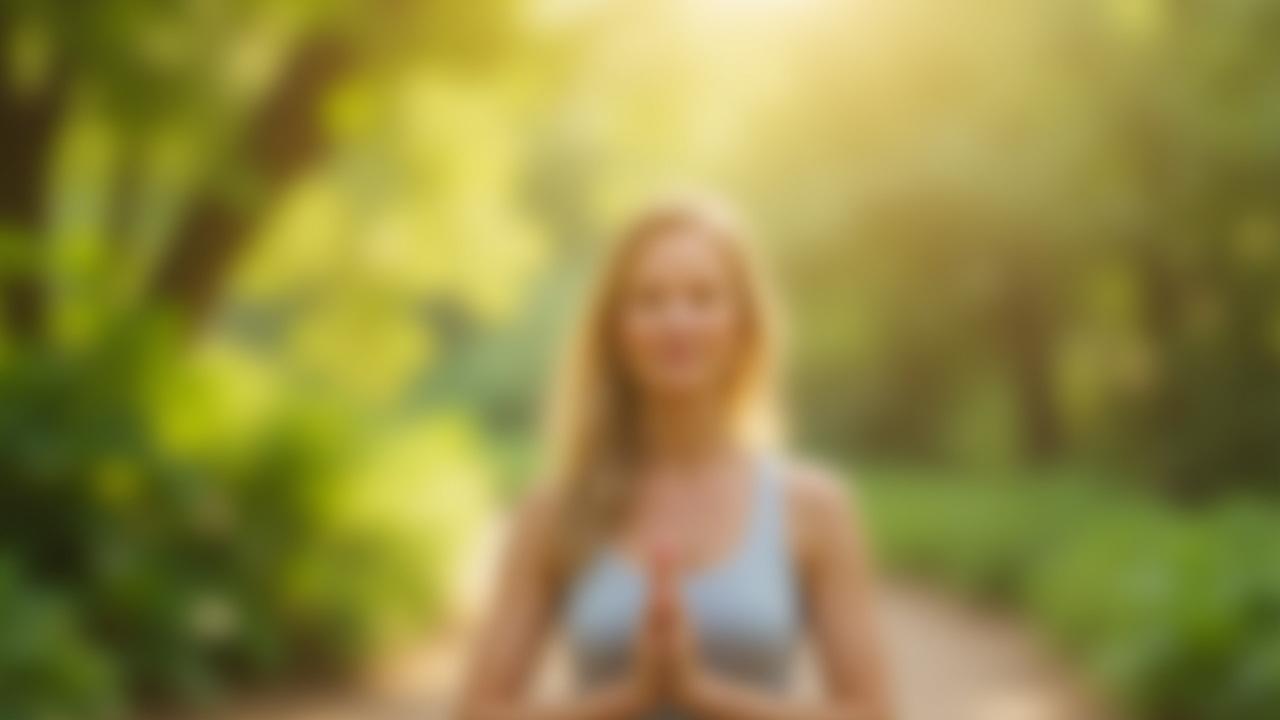 Woman practicing mindful breathing in a serene, natural setting, evoking calm.
