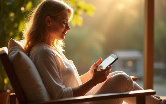 A person calmly interacting with a smartphone, showing intentional and balanced technology use.