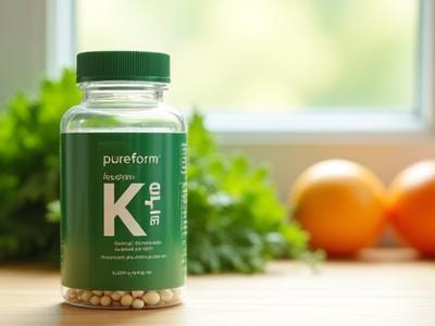 A bottle of high-potency Vitamin D3 supplements with a healthy meal in the background.